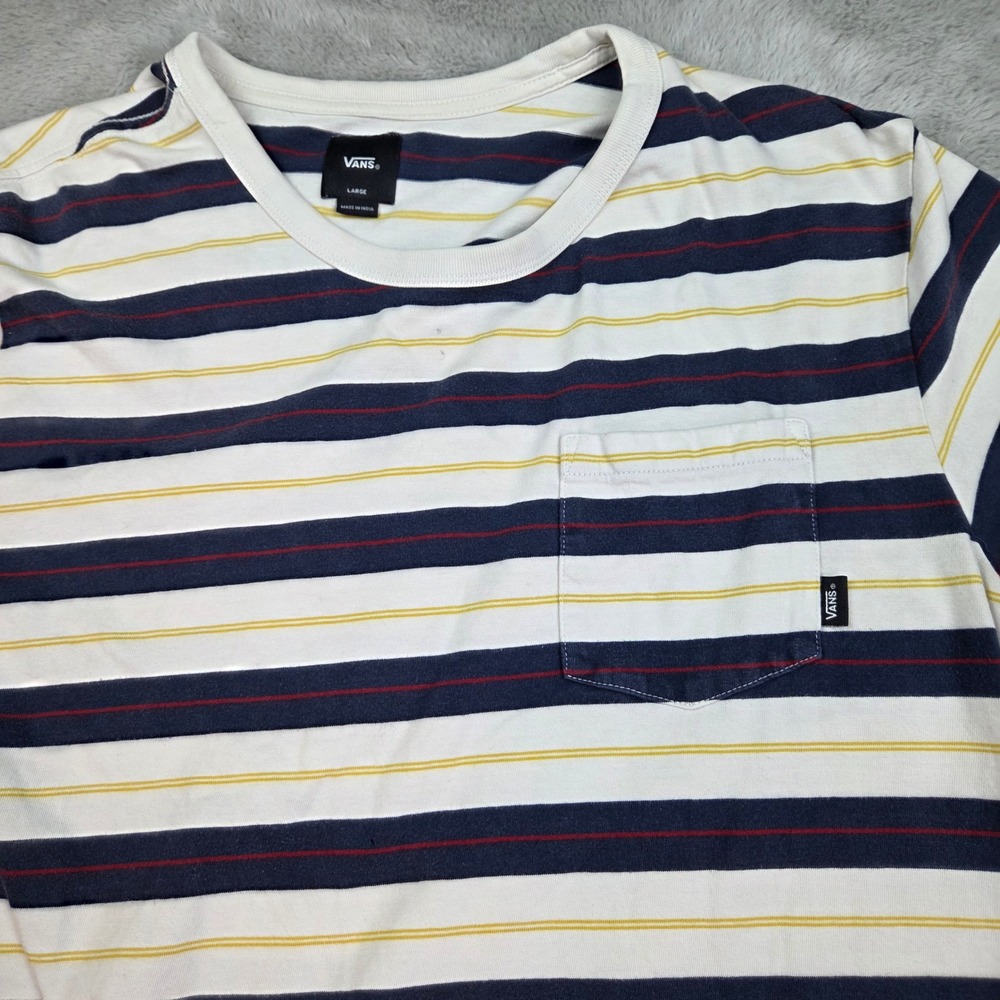 Vans T Shirt Mens L Striped Pocket Crew Neck Cotton Short Sleeve Navy White Red